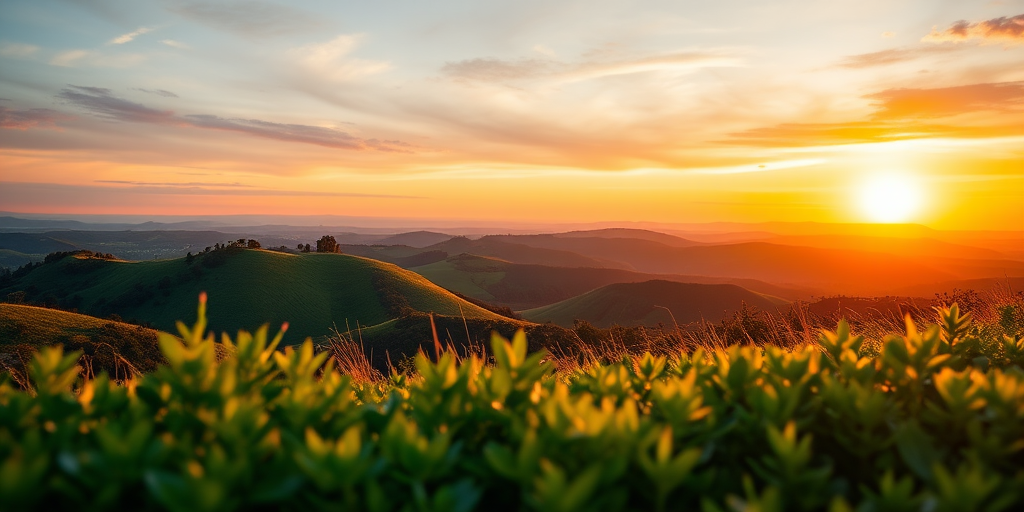 Regenerate a vibrant landscape featuring a sunset over rolling hills, with lush greenery in the foreground, using a DSLR camera, 35mm lens, aperture f/8, ISO 200, shutter speed 1/125 sec, shot from a low angle to emphasize the foreground, with a warm color tone to enhance the sunset's hues.