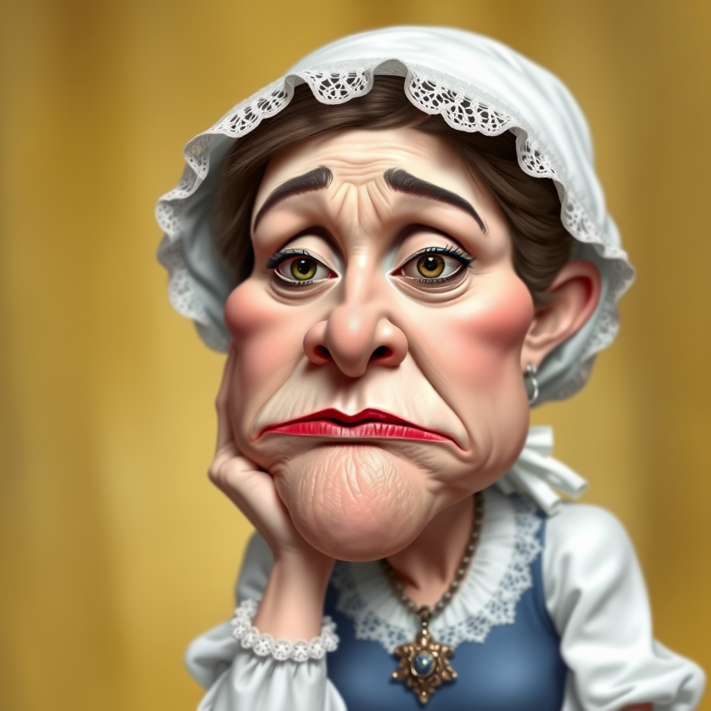 The image is a caricature of a woman with exaggerated features. She is wearing a white bonnet with lace trim and a white blouse with a blue bodice. She is leaning her chin on her hand with a bored or tired expression. Her lips are full and pouty, her cheeks are round and puffy, and her eyes are wide and slightly crossed. Her nose is long and thin, and her brows are furrowed. She is wearing a necklace with a large, ornate pendant. The background is a soft, blurry yellow. The overall effect is humorous and slightly grotesque.