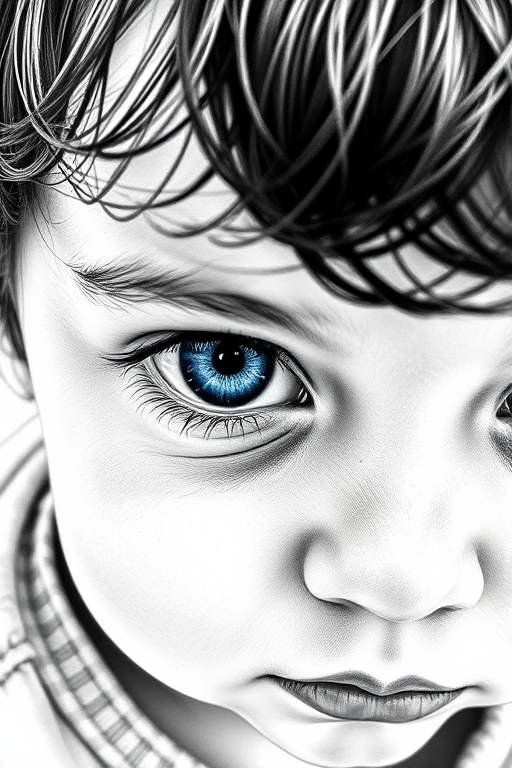 A hyperdetailed photorealistic black and white sketch of a beautiful toddler with deep blue eyes, with a macro focus