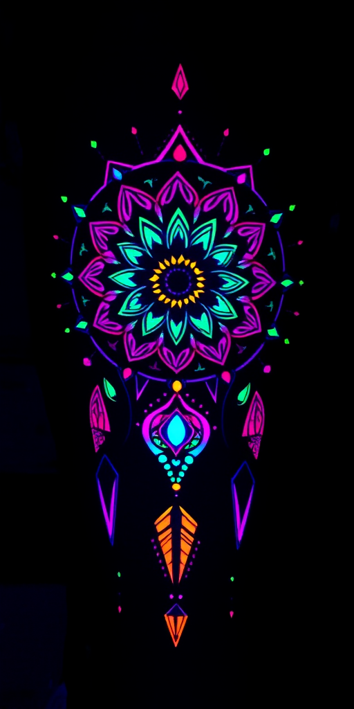 Psychedelic blacklight tattoo showcasing a kaleidoscopic dreamcatcher with fluorescent ink accents, visible only under UV light for a mind-bending secret design