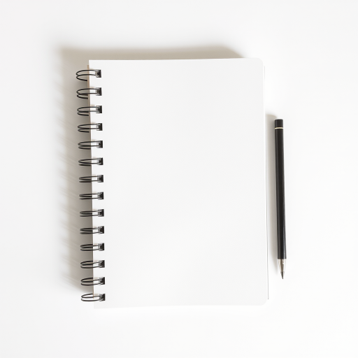Create a high-resolution image of a blank spiral notebook page, shot from an overhead view with a Canon EOS R5 camera, using a 50mm lens at f/2.8 aperture, ISO 100, and 1/125 shutter speed for optimal clarity and detail.
