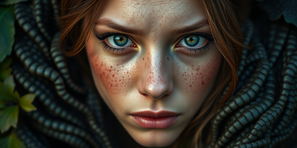 Create a close-up portrait of a young woman with striking, freckled features and vibrant eyes, surrounded by intricate dragon scales and foliage, using a Canon EOS R5, 85mm lens, aperture f/1.4, ISO 100, with soft, diffused lighting to enhance details and textures in the image.