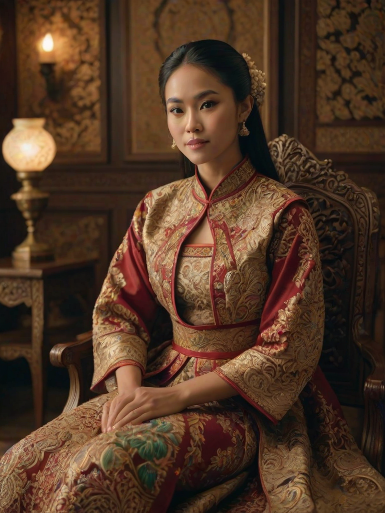 A beautiful Indonesian woman in traditional East Asian attire, intricately detailed with embroidered patterns, sitting gracefully in a richly decorated room, soft ambient lighting, serene and elegant, ultra-realistic, 8K resolution