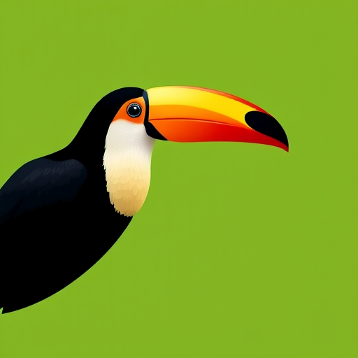 Regenerate an image of a toucan in a minimalist line art style on a solid green background, using a DSLR camera with a 50mm lens, f/1.8 aperture, ISO 200, natural lighting, shot from a slightly elevated angle for depth, high-resolution settings for clarity.