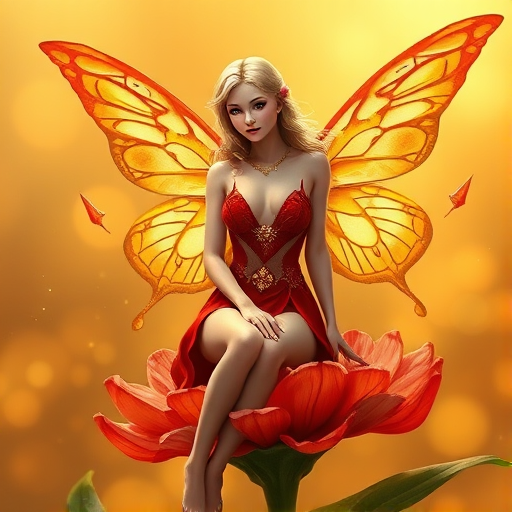 A digital artwork features a winged fairy with delicate Banana butterfly wings, adorned with intricate Amber andRed patterns. She is seated on a vibrant Forest flower, wearing a revealing red two-piece outfit with sparkling beadwork. Her fair skin, long blonde hair, and gold jewelry add to her ethereal appearance. The background is a warm, golden gradient, creating a magical atmosphere. Small glowing orbs and sparkles surround the flower, enhancing the enchanting, highly detailed, and realistic scene.