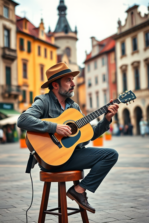 A man in a hat playing an acoustic guitar while sitting on a stool in a vibrant town square with historical buildings in the background, using a Canon EOS R5 with a 35mm f/1.4 lens at ISO 100, aperture f/4, and a shutter speed of 1/250 sec, natural lighting, cinematic style.