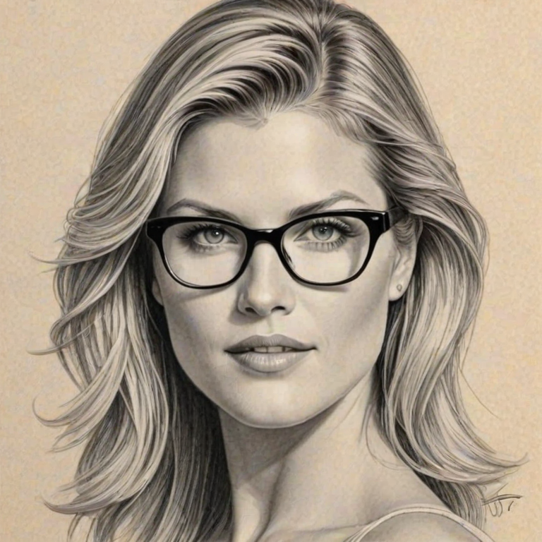 Alluring Ali Larter, pencil sketch, portrait of Graceful woman 1980s in glasses, hair style beatnik, outline, clear lines, fine lines, 8k