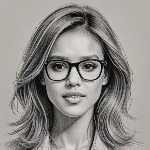 Fascinating Jessica Alba, pencil sketch, portrait of Gorgeous woman 1974s in glasses, hair style beatnik, outline, clear lines, fine lines, 8k