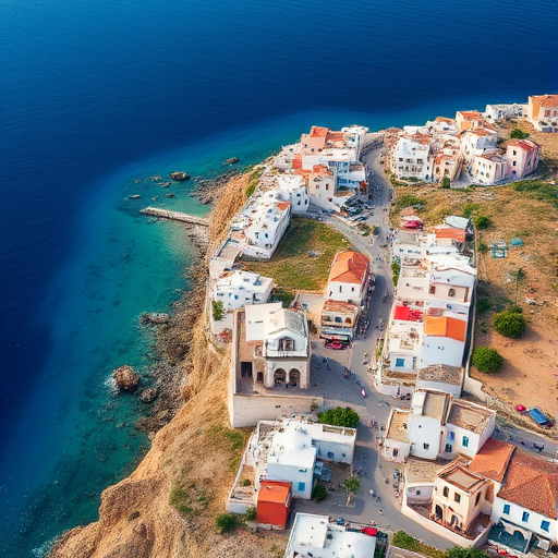 Aerial view of a coastal town with white buildings and blue sea, bright daylight, Canon EOS 5D Mark IV, aperture f/8, shutter speed 1/250s, ISO 100, landscape orientation, vivid colors.