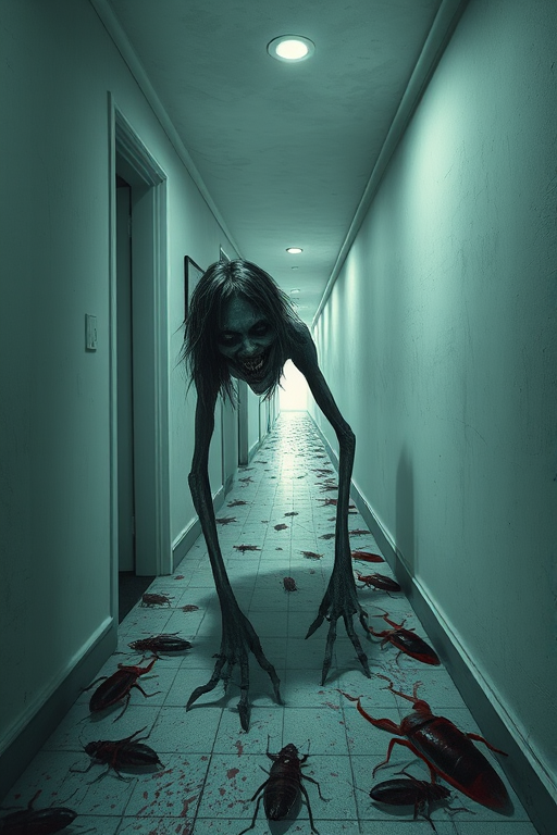 a crooked female with long arms and a creepy smile is crawling along a long white corridor and you can also see cockroaches in it there is a creepy atmosphere creepy art style