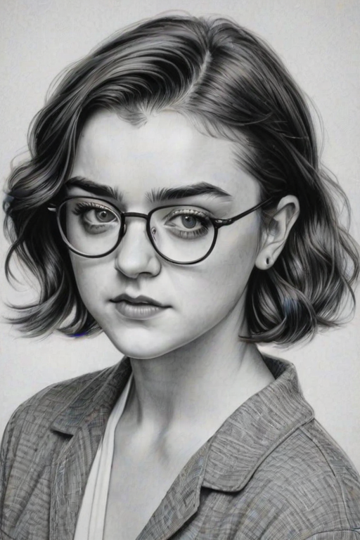 Alluring Maisie Williams, pencil sketch, portrait of Enchanting woman 1943s in glasses, hair style beatnik, outline, clear lines, fine lines, 8k