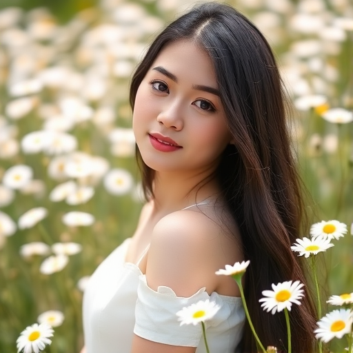 portrait of a young woman with long black hair wearing a white dress, surrounded by blooming white daisies in a sunny garden, 50mm lens, f/1.8, ISO 100, soft focus background, natural lighting