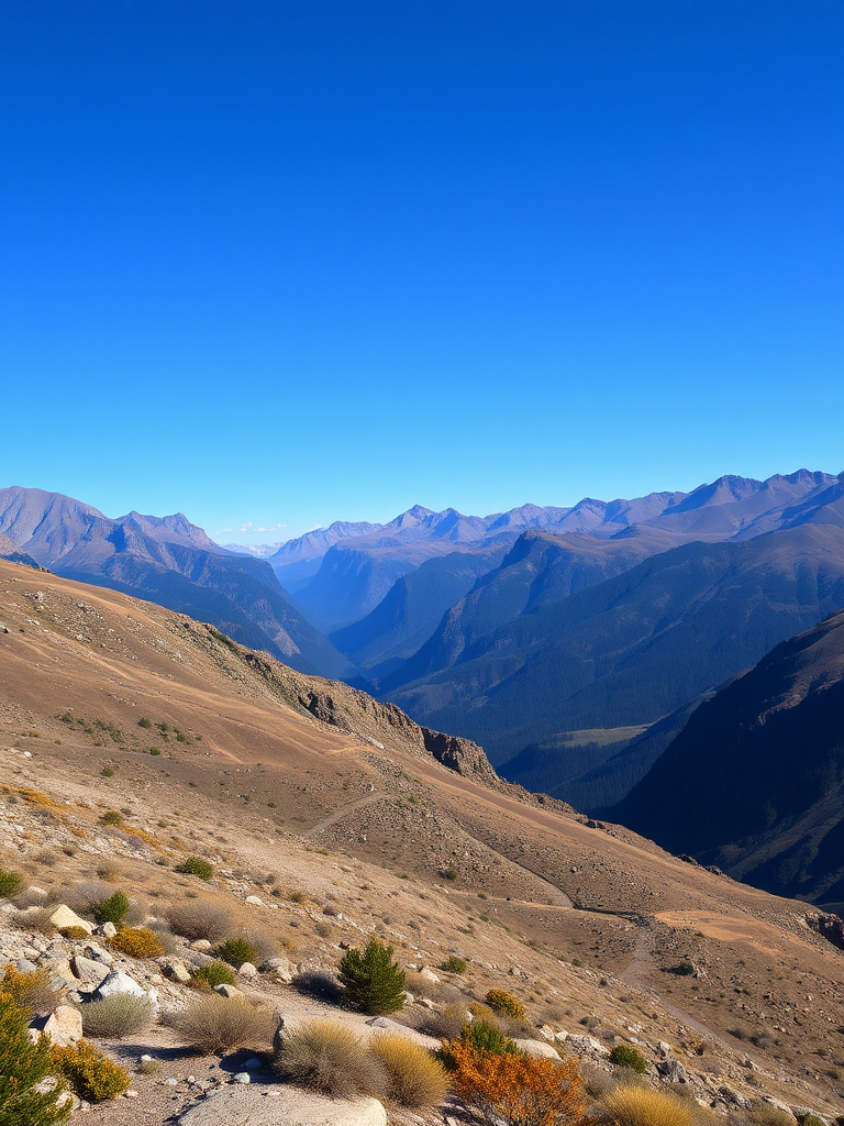 capture a high-resolution landscape photograph of a mountainous terrain with a clear blue sky, using a Canon EOS 5D Mark IV, 24mm focal length, aperture f/8, ISO 100, in a wide-angle view, emphasizing color vibrancy and depth of field