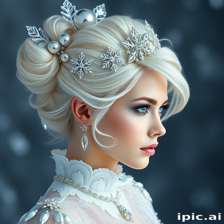 Ethereal white-haired ice queen sporting an elaborate updo with crystalline accessories and delicate snowflake details
