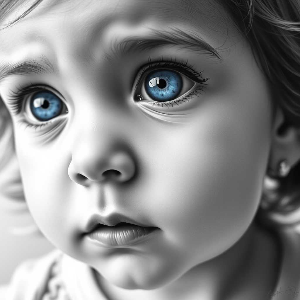 A hyperdetailed photorealistic black and white sketch of a beautiful toddler with deep blue eyes, with a macro focus