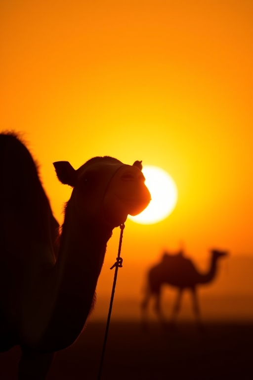 silhouette of a camel against a sunset, soft focus, aperture f/2.8, ISO 100, 50mm lens, sunset lighting, portrait view, DSLR camera