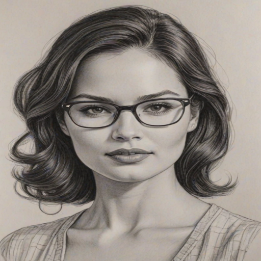 Comely Katrina Law, pencil sketch, portrait of Lovely woman 1954s in glasses, hair style beatnik, outline, clear lines, fine lines, 8k