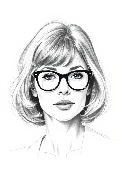 Beautiful Maggie Smith, pencil sketch, portrait of beautiful woman 60s in glasses, hair style beatnik, outline, clear lines, fine lines, 8k