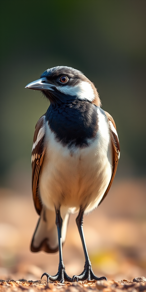 Create a high-resolution illustration of a standing bird with a black and white plumage, showcasing its distinct features, using a Canon EOS 5D Mark IV, with a 50mm f/1.8 lens, ISO 100, aperture f/8, shot from a low angle to emphasize depth, with soft natural lighting to enhance detail and color vibrancy.