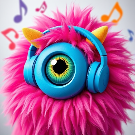 Create a colorful cartoon monster with fluffy pink fur and a large blue headphone, one eye prominently displayed, surrounded by musical notes, captured in high resolution with a DSLR camera at 50mm focal length, f/1.8 aperture, ISO 100, soft lighting, and vibrant colors.