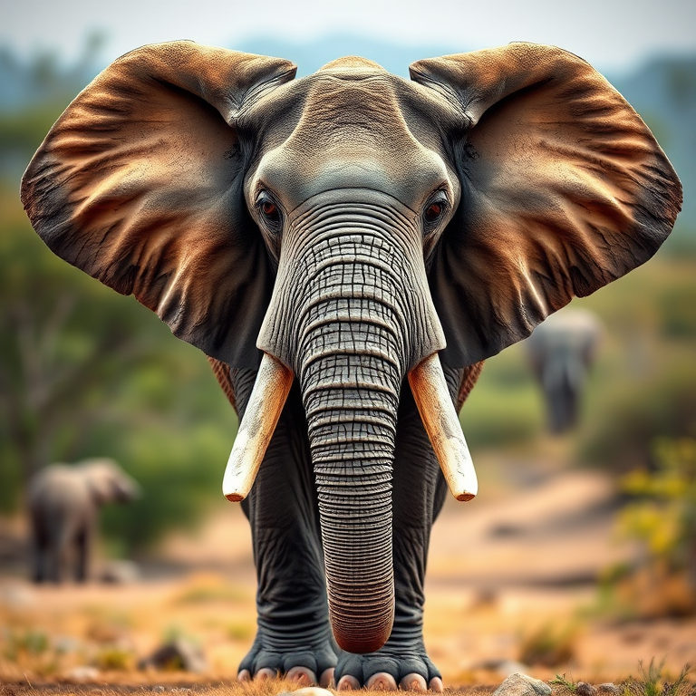 Create a detailed, high-resolution digital illustration of a majestic African elephant standing frontally, showcasing its large ears and tusks, using a soft focus background, with a camera setting of f/4 aperture, ISO 100, shot in natural light, using a DSLR camera style with a 50mm lens.
