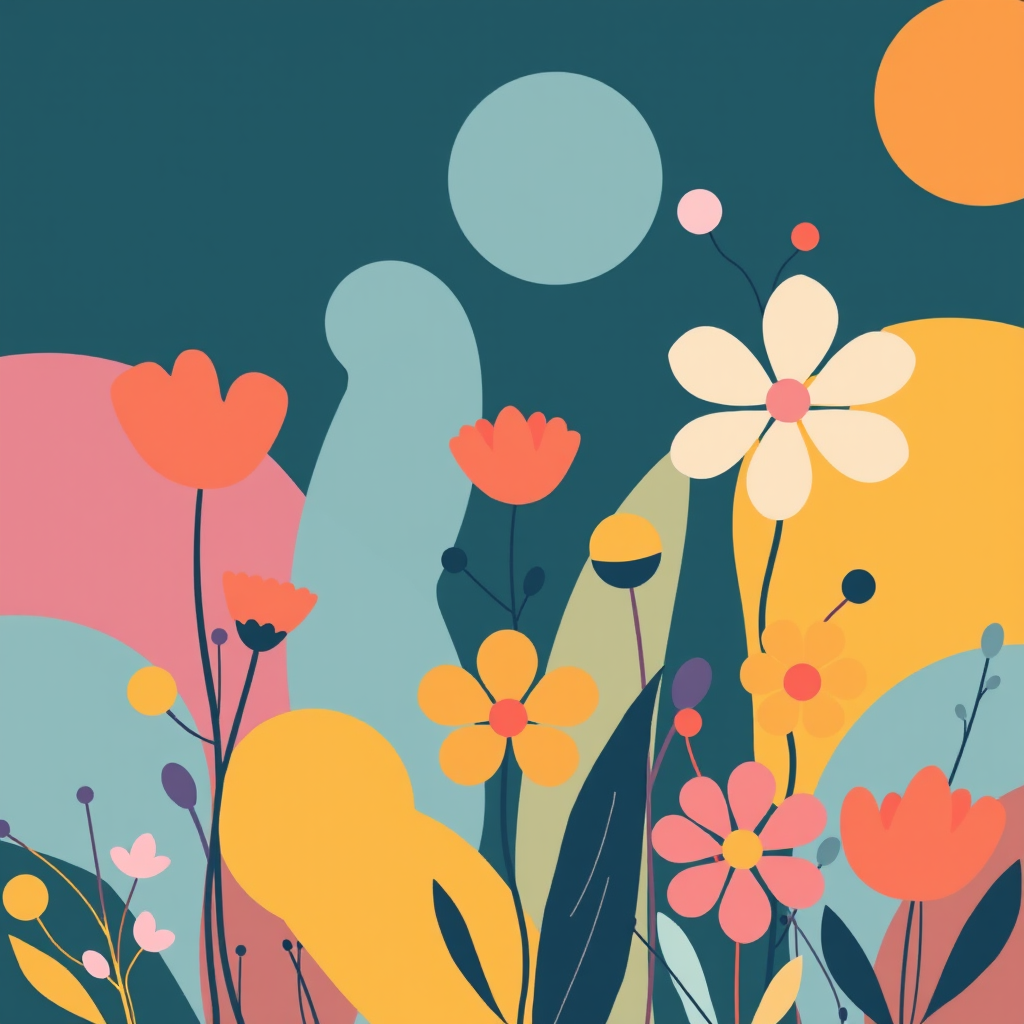 Create a vibrant illustration of abstract flowers and shapes with a modern minimalist style, using soft pastel colors and bold outlines, captured with a Canon EOS R5, 50mm f/1.8 lens, aperture at f/2.8, ISO 100, and a shallow depth of field.