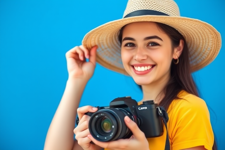 portrait of a smiling young woman holding a camera, wearing a straw hat and yellow shirt, vibrant blue backdrop, natural lighting, 50mm lens, f/1.8 aperture, ISO 100, soft focus, shallow depth of field, taken with a mirrorless camera