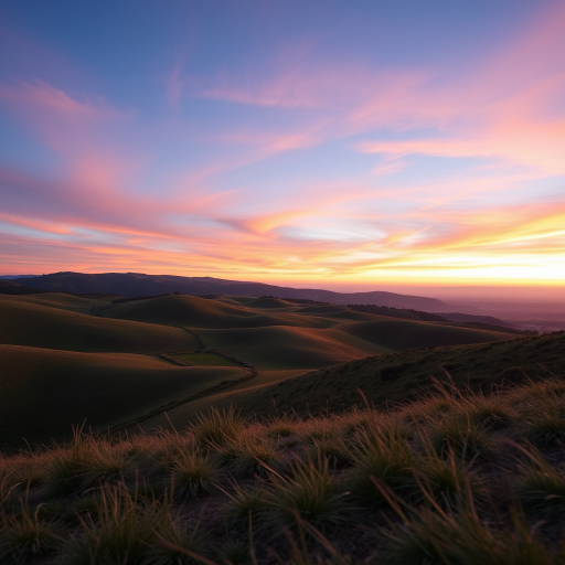 Create a high-resolution image featuring a serene landscape at sunrise, with rolling hills and a colorful sky, shot with a DSLR camera, using a 24mm lens, aperture set at f/8, shutter speed of 1/200s, ISO 100, captured from a low angle for a dramatic perspective.