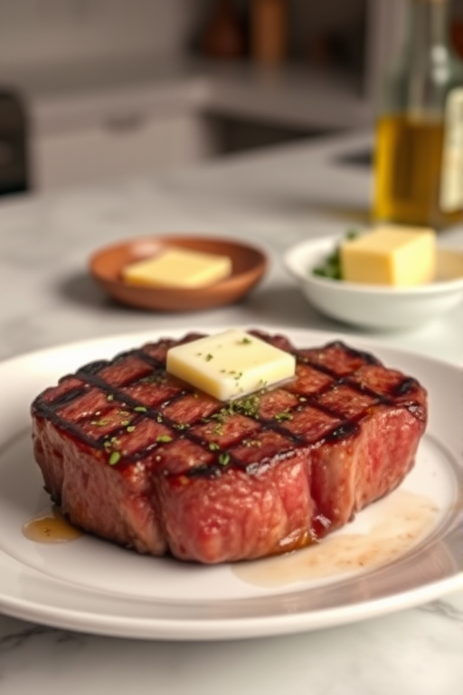 Create an image of a perfectly seared ribeye steak, resting on a white plate with a pat of melting butter on top. The steak is seasoned with fresh herbs like thyme and parsley, with glistening juices highlighting the texture of the meat. The background features a soft focus on a light, marble countertop, with a small dish of butter and an olive oil bottle in the distance. The overall mood should be warm and inviting, capturing the deliciousness and juiciness of the steak.