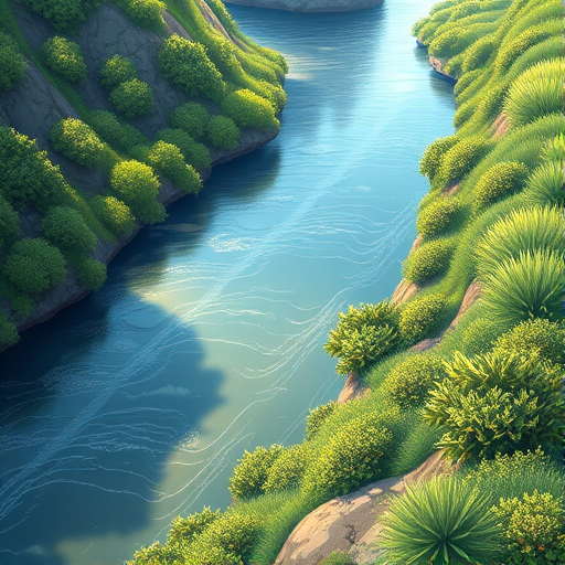 Create a highly detailed illustration of a winding riverbank with lush plants along the edge, using a DSLR camera with a 50mm lens at f/2.8, ISO 100, and natural lighting to enhance image quality, capturing a slightly elevated perspective.