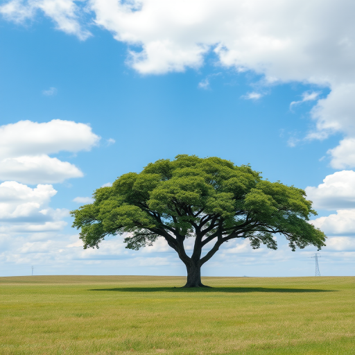 Create a high-resolution image of a single, large tree standing in an open field under a blue sky with fluffy clouds, using a DSLR camera with a 35mm lens at f/8 aperture, ISO 200, and a shutter speed of 1/250 sec, capturing a wide-angle view with natural lighting.