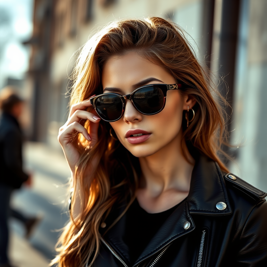 Outdoor shot, stunning female model, vintage leather jacket, sunglasses, cinematic effect, Position the camera at the model’s eye level using a 35mm f/1.4 lens