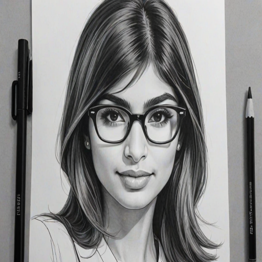 hot mia khalifa, pencil sketch, portrait of beautiful woman 60s in glasses, hair style beatnik, outline, clear lines, fine lines, 8k