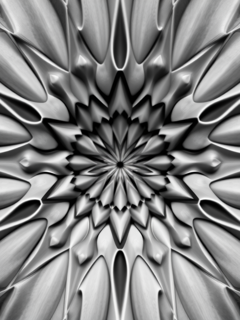 Create an intricate monochromatic geometric pattern with smooth gradients, captured using a DSLR camera at f/8 aperture, ISO 100, 1/60s shutter speed, shot from a top-down view for symmetry and depth, utilizing a macro lens to enhance detail and clarity.