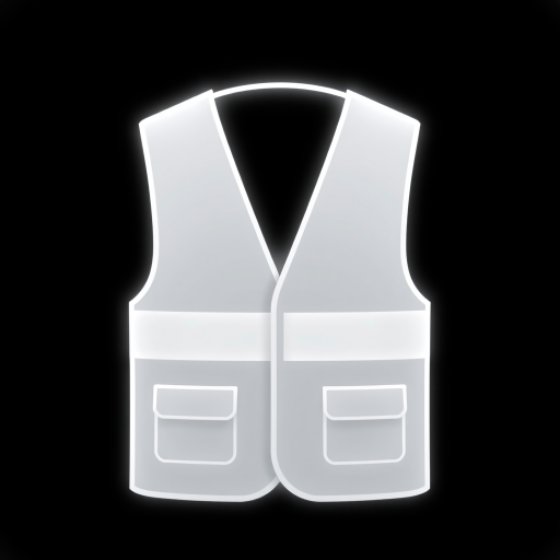 Create a vector graphic of a white safety vest icon on a black background, using a 50mm lens, ISO 100, f/8 aperture, and soft lighting for a clean and professional look.