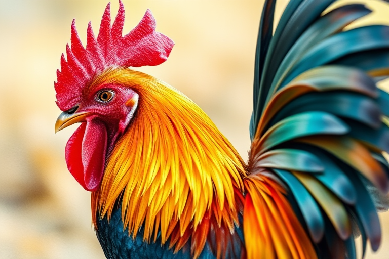 create a vibrant watercolor painting of a rooster with a detailed feather texture and colorful plumage, soft focus, aperture f/2.8, shutter speed 1/125s, ISO 100, shot from a slightly low angle using a DSLR camera for enhanced image quality