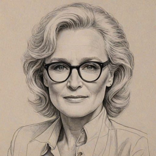 Enchanting Glenn Close, pencil sketch, portrait of Dazzling woman 1975s in glasses, hair style beatnik, outline, clear lines, fine lines, 8k