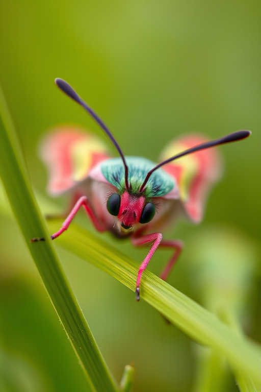 Close-up of a vibrant pink and green moth resting on a green blade of grass, shallow depth of field, macro lens, f/2.8 aperture, 1/200 sec shutter speed, ISO 100, natural lighting, soft bokeh background.