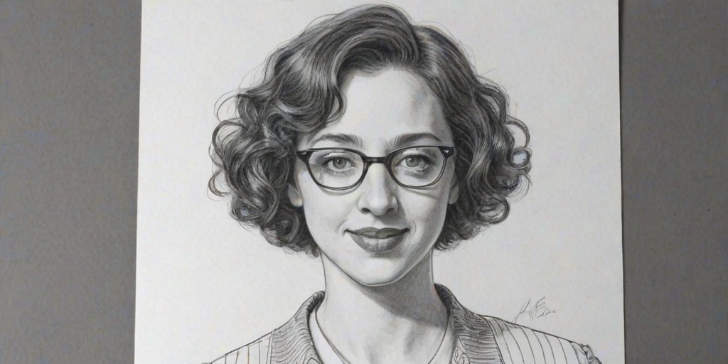 Enticing Kristen Schaal, pencil sketch, portrait of Wonderful woman 1924s in glasses, hair style beatnik, outline, clear lines, fine lines, 8k