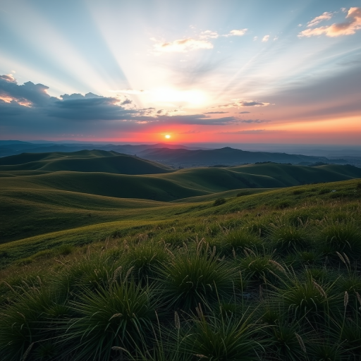 Create a high-resolution image of a serene landscape with rolling hills at sunset, using a DSLR camera with a 50mm lens, aperture set to f/1.8, ISO 100, and a wide-angle perspective to capture the vibrant colors and depth of the scenery.