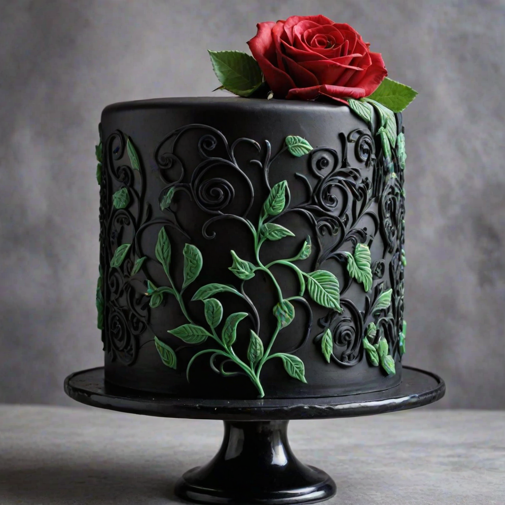 Create an elegant black cake with intricate icing details. The cake should be adorned with a decorative border featuring red roses and green leaves. The top should have a smooth finish, and the overall design should convey a sophisticated and artistic style.
