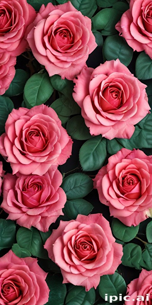 Vibrant Pink Roses Surrounded by Lush Green Leaves in Full Bloom