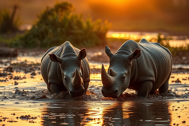 Rhinos playing in muddy water during golden hour, DSLR camera, 50mm lens, f/2.8 aperture, ISO 200, shallow depth of field, vibrant colors, high resolution.