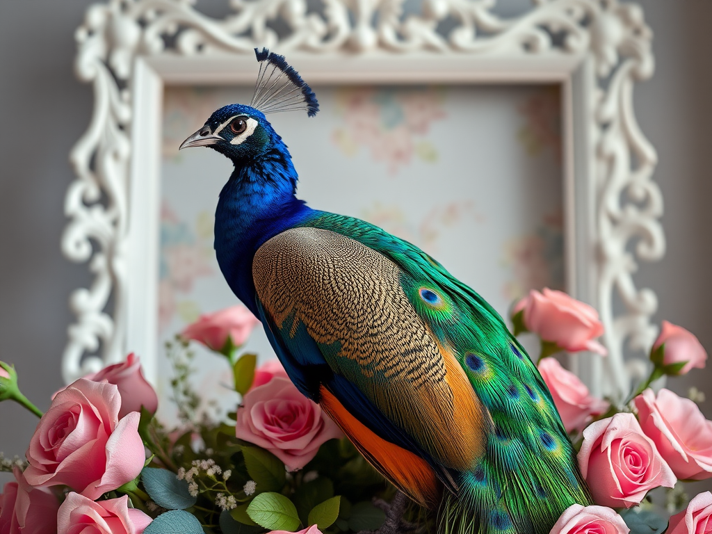 Capture a vibrant peacock perched elegantly on a floral arrangement with pink roses and an ornate white frame in a soft focus background, using a Canon EOS R5 with a 50mm f/1.2 lens, aperture set to f/2.8, ISO 100, and a shutter speed of 1/200s for enhanced detail and clarity.