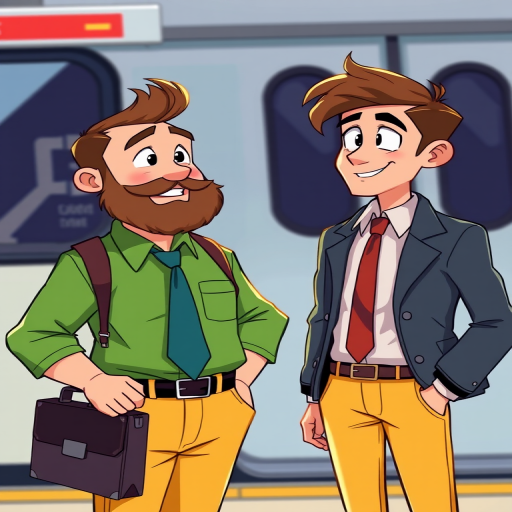 Create an illustration of two animated characters: one with a beard in a green shirt and tie holding a briefcase, and a younger man in a jacket and tie with yellow pants, both engaged in conversation in front of a public transport setting, use a vibrant color palette, soft focus with a 50mm lens, f/2.8 aperture, shot in natural light, high-resolution digital art.
