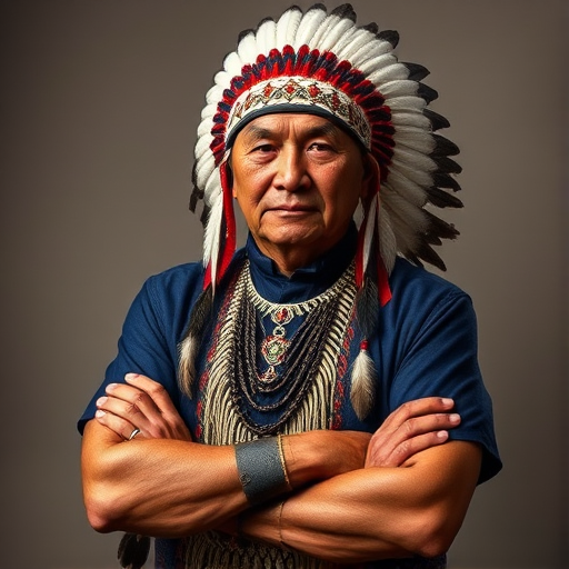 Create a dignified portrait of a Native American man dressed in traditional attire. He wears a beautifully crafted headdress adorned with white feathers and red beads, along with a beaded headband featuring intricate patterns. His clothing includes a deep blue, patterned shirt and a traditional chest piece with detailed beadwork. His arms are crossed, displaying leather armbands decorated with feathers. The background is simple and neutral, emphasizing his proud and stoic expression. The overall image captures the rich cultural heritage and strength of his persona.