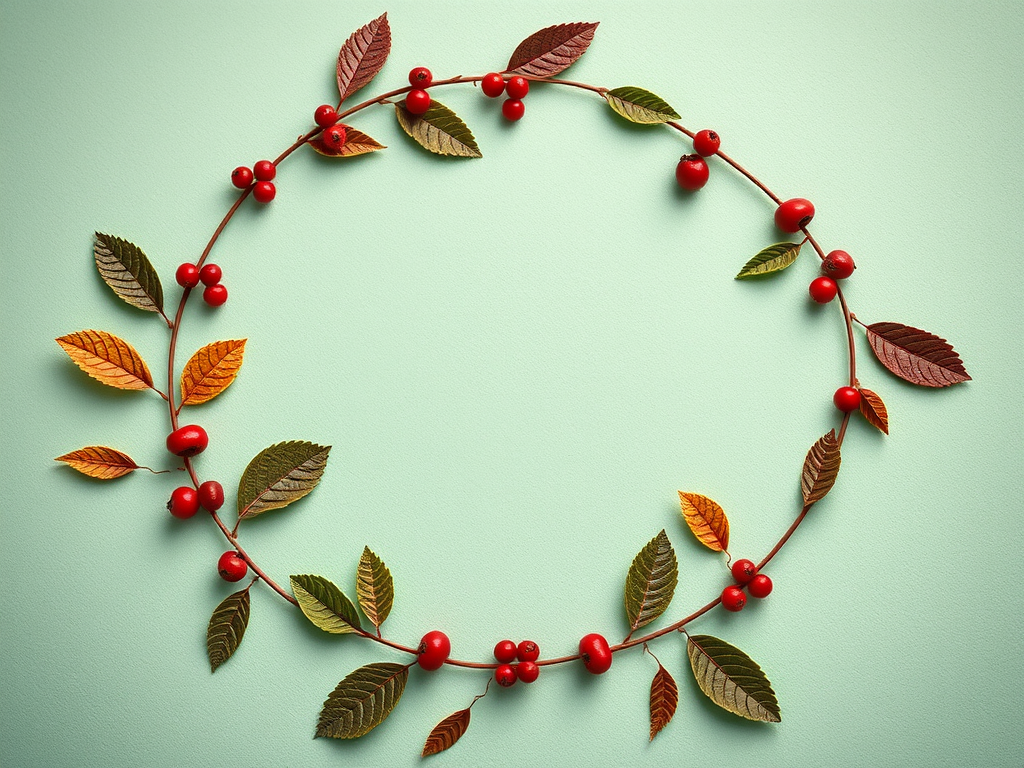 Create a vibrant circular pattern featuring stylized leaves and berries on a textured mint green background, captured with a Canon EOS R5, 50mm lens, f/2.8 aperture, ISO 100, in natural light, using a macro photography style for enhanced detail and clarity.