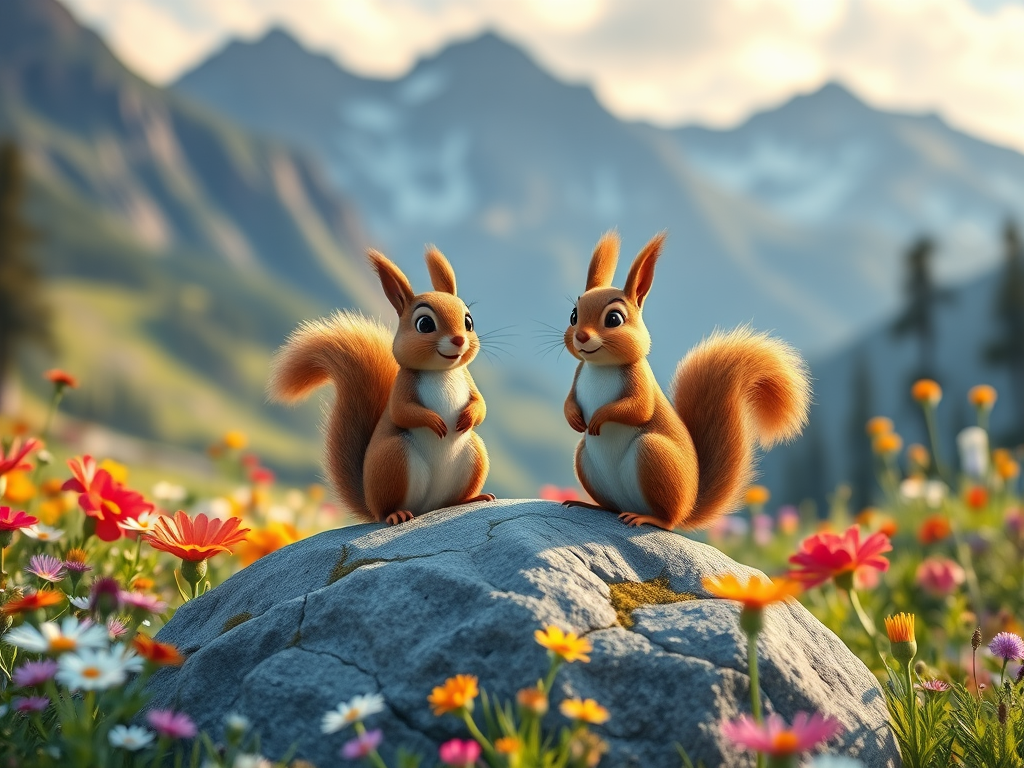 Generate a vibrant scene featuring two animated squirrels standing on a rock surrounded by colorful wildflowers in a lush meadow with majestic mountains in the background, shot with a Canon EOS R5 at f/2.8, ISO 100, focal length 50mm, in natural light for enhanced detail and clarity.