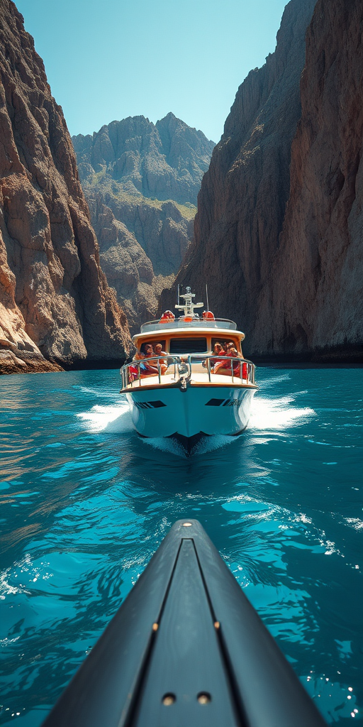 A well-lit scene of a large boat approaching the camera, passengers enjoying the ride, set against a backdrop of steep, rocky cliffs and clear blue waters, captured with a Canon EOS 5D Mark IV, aperture f/8, shutter speed 1/500, ISO 200, shot from a low angle to emphasize the boat and surrounding landscape, with vibrant colors and sharp details.