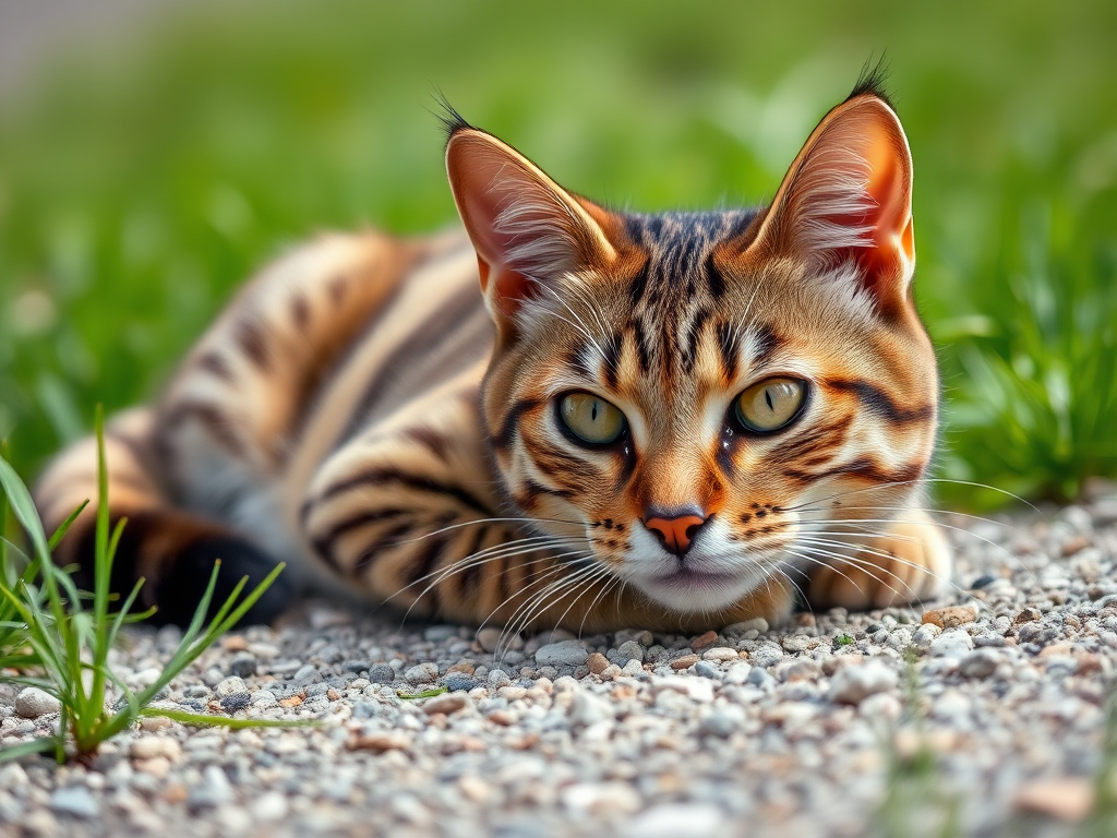 A close-up shot of a striped cat laying on gravel with green grass, using a DSLR camera at f/2.8 aperture, 1/250 sec shutter speed, ISO 200, with natural lighting and a shallow depth of field for enhanced focus on the cat.